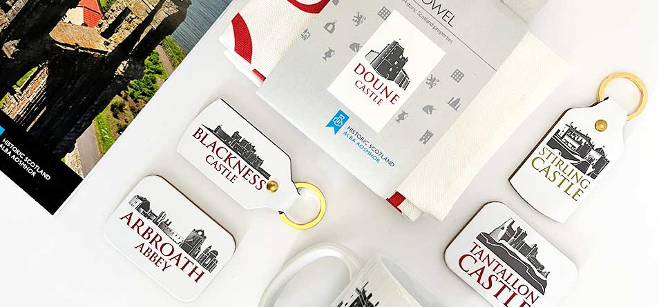 Selection of our castle souvenirs against a white background.