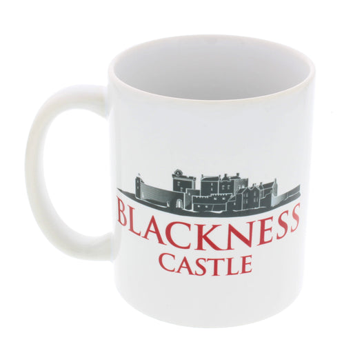 white blackness castle ceramic mug with red title and illustration of castle above