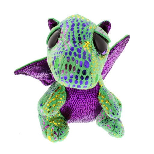 Plush green soft toy dragon with a purple under belly and shiny scales - front view
