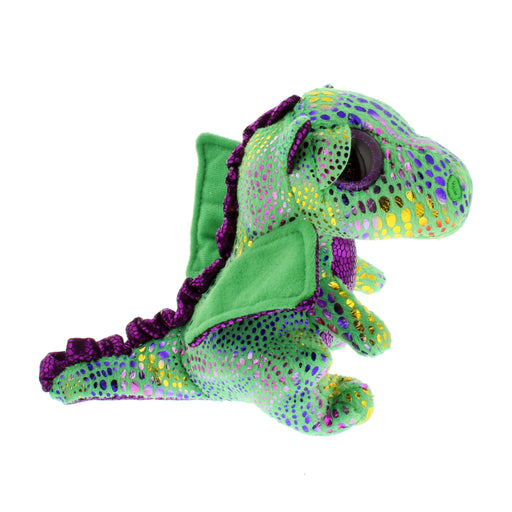 Plush green soft toy dragon with a purple under belly and shiny scales - side view