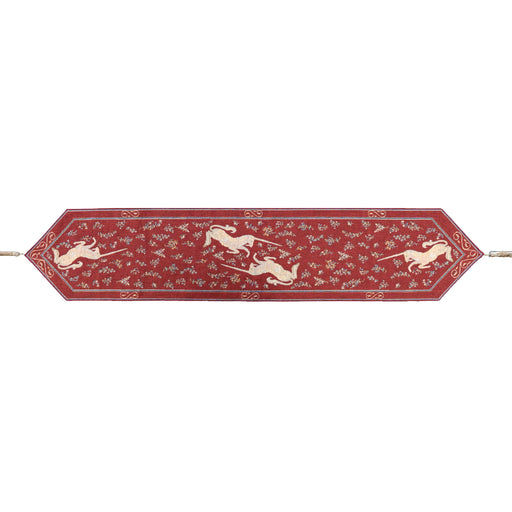 cluny unicorn red tapestry table runner with 4 cream coloured unicorns in design and tassel to each end of table runner