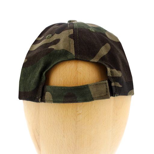Wooden mannequin head shows a camo-print  cap with white Embroidered writing which reads Fort George, back view shows the closure 