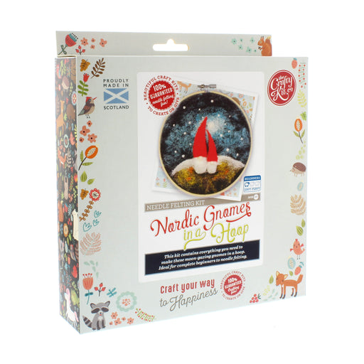 Box with an image of nordic gnomes containing a needle felting kit