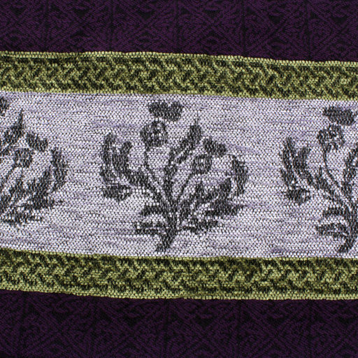 close up detail of the purple and grey thistle scarf