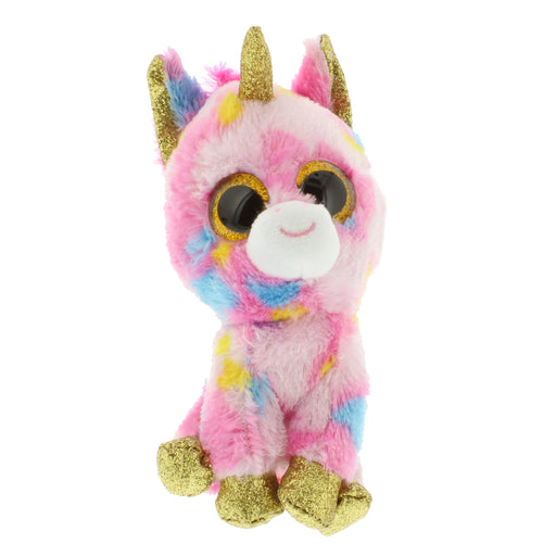 Soft pink cuddly unicorn toy with gold hooves and horn - front view