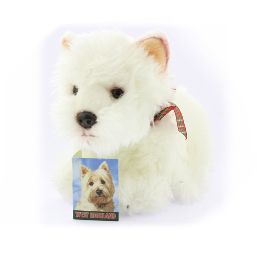 Soft cuddly white westie dog toy with tartan neck ribbon