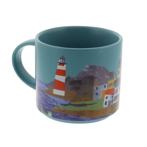 Coast large mug with colourful striped lighthouse illustration and village at shoreline design