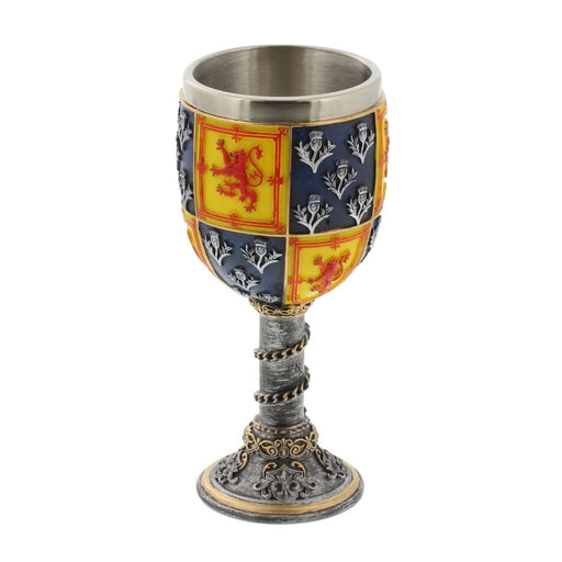 Heraldic Scottish Shield Goblet with ornate textured outer detailing lion rampant and thistles with stainless steel inner
