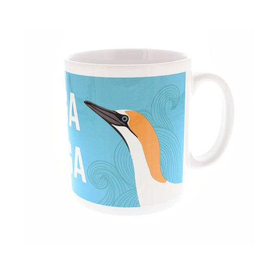 coffee mug side view showing illustrated gannet bird head on white coloured mug