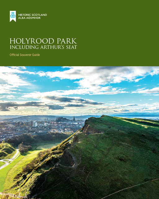official holyrood park guidebook front cover showing arthurs seat and city in the background