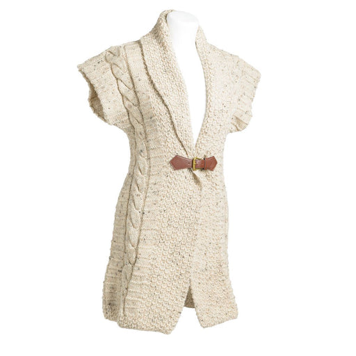 Arran style knitted cardigan with short sleeves and brown buckle belt tie