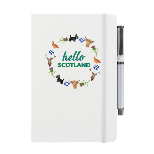 White notebook featuring a circular design of Scottish animals and emblems. 
