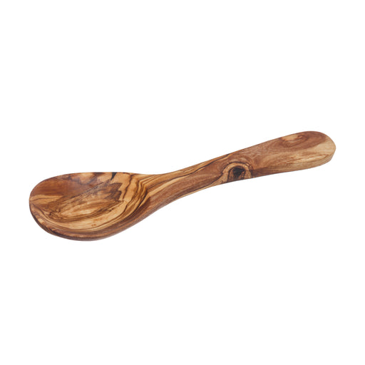 olive wood tea spoon shown at angle on white background