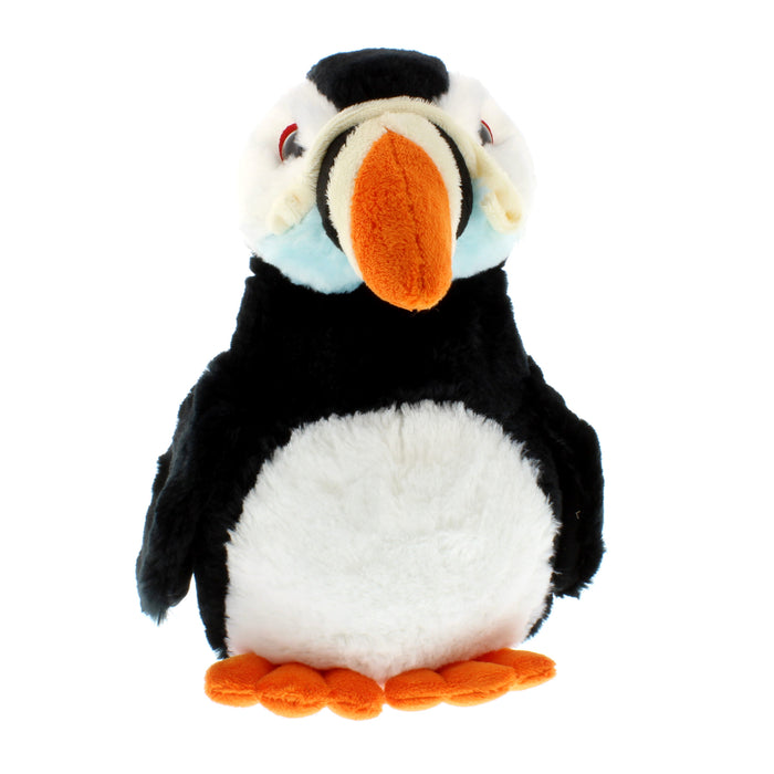 Soft cuddy puffin toy with black and white body, wings and colourful beak