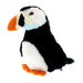Soft cuddy puffin toy with black and white body, wings and colourful beak, side view
