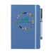 Denim Blue notepad with pen features a circular prints of Scottish Icons including the St Andrews Flag in a loveheart shape, a pheasant and a deer. A matching strap closes on the right hand side.