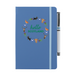 Blue notebook featuring a circular design of Scottish animals and emblems. 