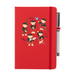 A beautiful designed red notebook featuring a vibrant illustration of dancing piper bears in red and black, playing bagpipes joyfully. A red strap closes over the right hand side with a matching pen.