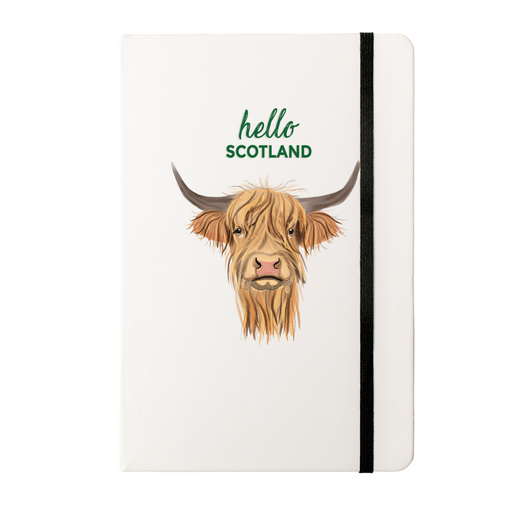 Soft Touch notebook featuring a Highland Cow and the test reads 'hello SCOTLAND'. A black strap closes over the right hand side. 