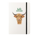 Soft Touch notebook featuring a Highland Cow and the test reads 'hello SCOTLAND'. A black strap closes over the right hand side. 