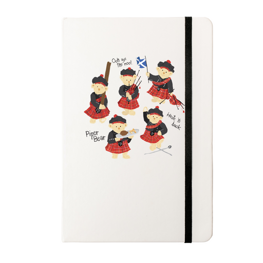 Soft White note pad with black closure strap features 5 teddy bears dressed in Highland dress. 