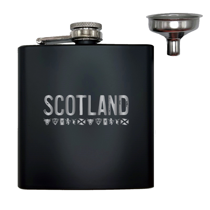 Matte Black Hip Flask with Scotland text across the front and a design that features some Scotland Icons underneath. 