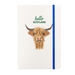 Soft Touch notebook featuring a Highland Cow and the test reads 'hello SCOTLAND'. A blue strap closes over the right hand side. 