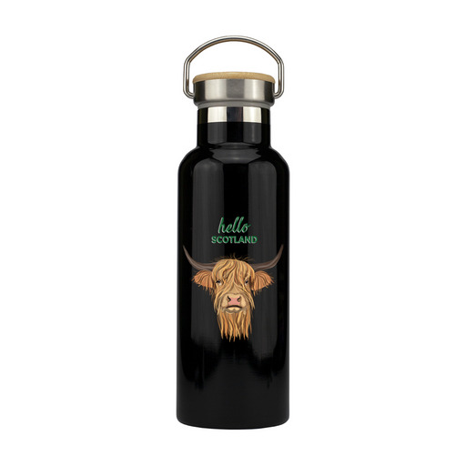 Black stainless steel water bottle with a highland cow printed on the front. 