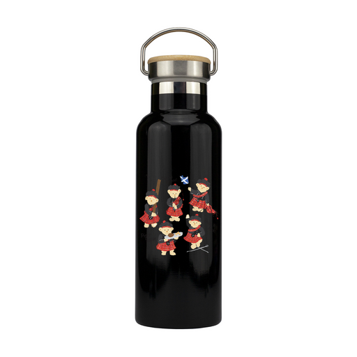 Black water bottle featuring 5 dancing bears dressed in highland dress. 