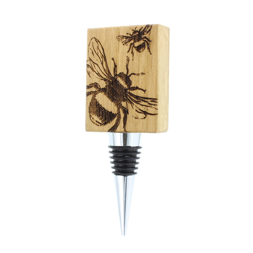 wooden bee bottle stopper with engraved bee design and metal stopper below