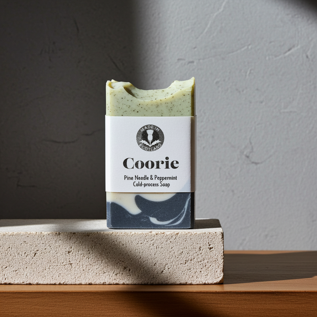 Bar of Pine needle and peppermint soap sits on a concrete slab against a neutral background - Image