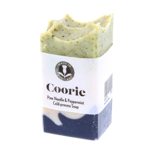 coorie pine needle and peppermint cold process soap medium sized shown with paper label on white background