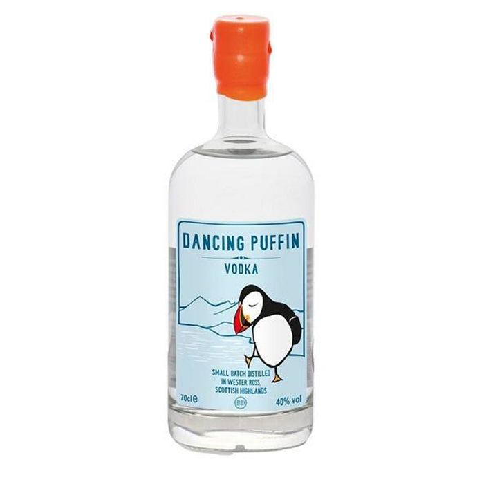 Bottle of Dancing Puffin Vodka with an orange cap on a white background - Image