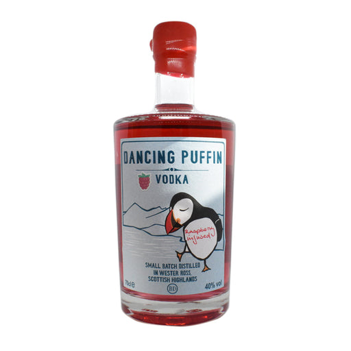 Bottle of Dancing Puffin Vodka with a label featuring a puffin design on a white background - Image