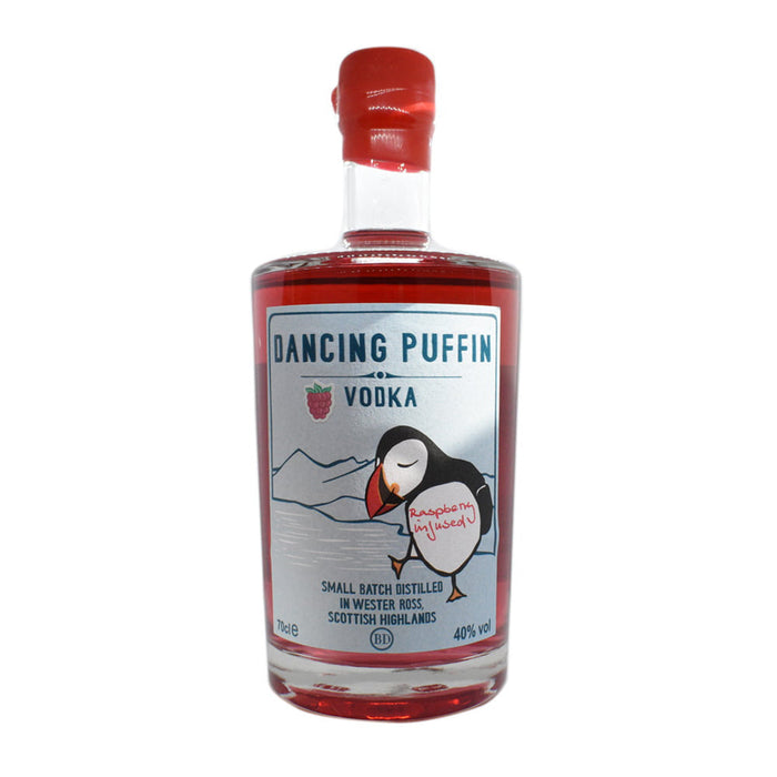 Bottle of Dancing Puffin Vodka with a label featuring a puffin design on a white background - Image
