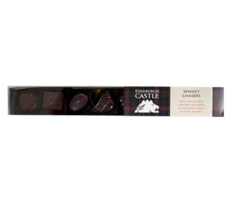 Long thin package with Edinburgh Castle tartan contains Whisky Chaser chocolates. 