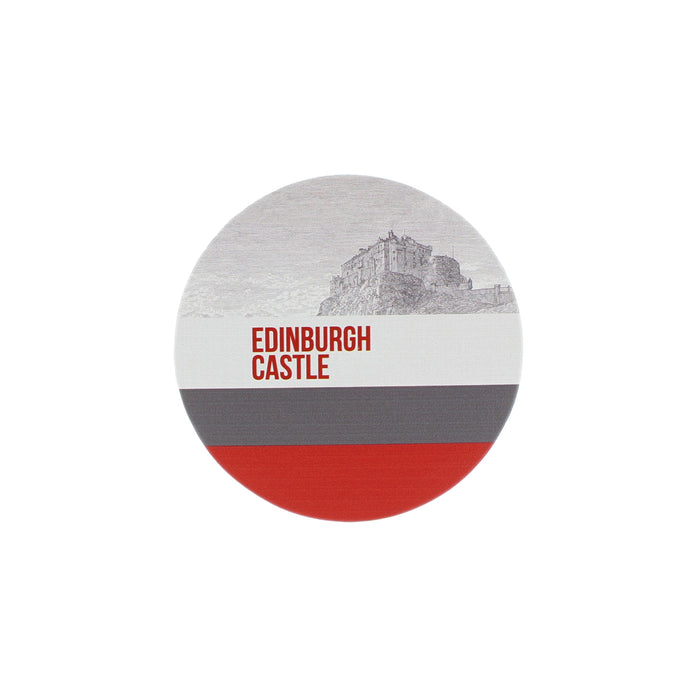 Red and grey round coaster featuring a print of Edinburgh Castle.