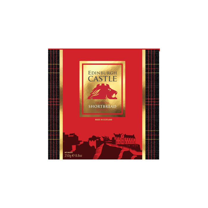 Red and gold box with tartan trims contains the official Edinburgh Castle shortbread. 