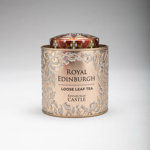 Rose Gold etched tin containing Edinburgh Castle Loose Leaf Tea 