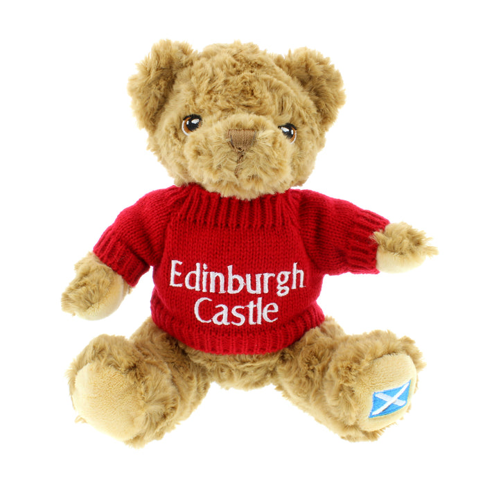 Edinburgh Castle small teddy bear with red wooly jumper and white embroidery that reads Edinburgh Castle.  A Saltire Flag is stitched on the left paw. 