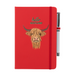 Soft Touch red notebook featuring a Highland Cow and the test reads 'hello SCOTLAND'. A red strap closes over the right hand side with matching pen. 