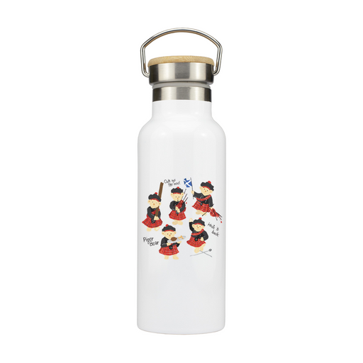 White water bottle featuring 5 dancing bears dressed in highland dress. 
