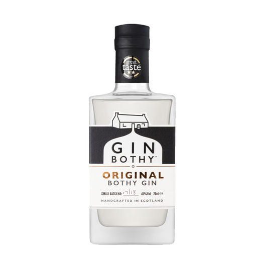 Bottle of Original Bothy Gin with a black and white label on a white background - Image