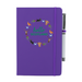 Purple notepad with pen features a circular prints of Scottish Icons including the St Andrews Flag in a loveheart shape, a pheasant and a deer. A matching strap closes on the right hand side.