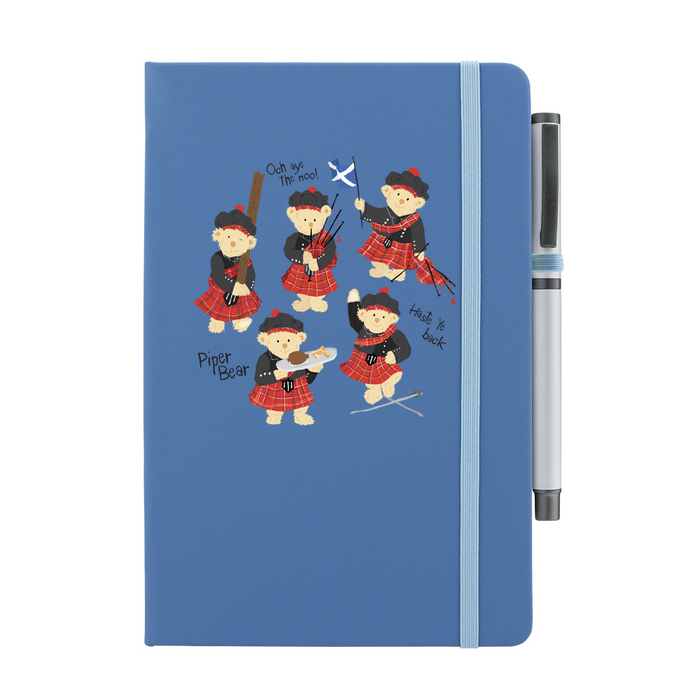 Denim Blue notepad with pen featuring dancing Piper Bear teddy's.