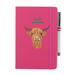 Soft Touch pink notebook featuring a Highland Cow and the test reads 'hello SCOTLAND'. A pink strap closes over the right hand side with a matching pen.