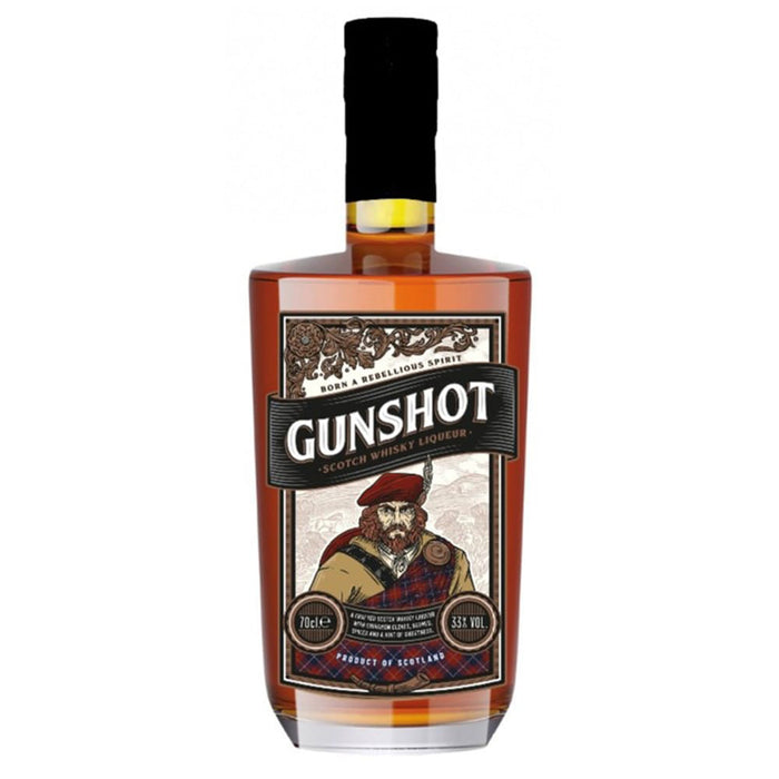 Bottle of Gunshot whiskey with a label featuring a man in a plaid outfit on a white background - Image