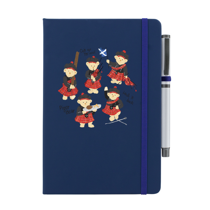 Navy notepad with pen featuring dancing Piper Bear teddy's.