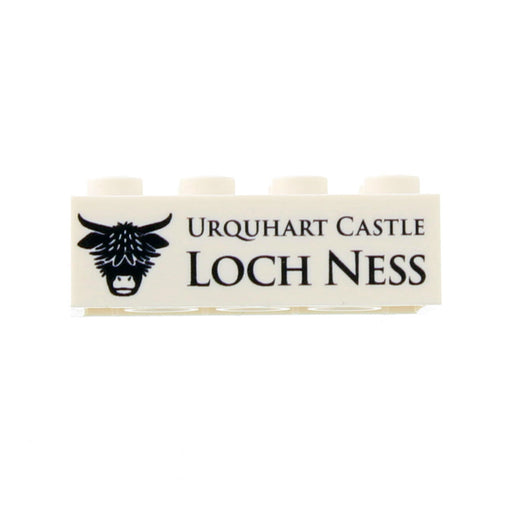 Brick with 'Urquhart Castle Loch Ness' text and highland cow logo on a white background - Image
