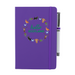 A beautiful designed purple notebook with the words 'Hello Scotland' in green,  featuring elements of Scottish culture and scenery. A purple strap closes over the right hand side with a matching pen.